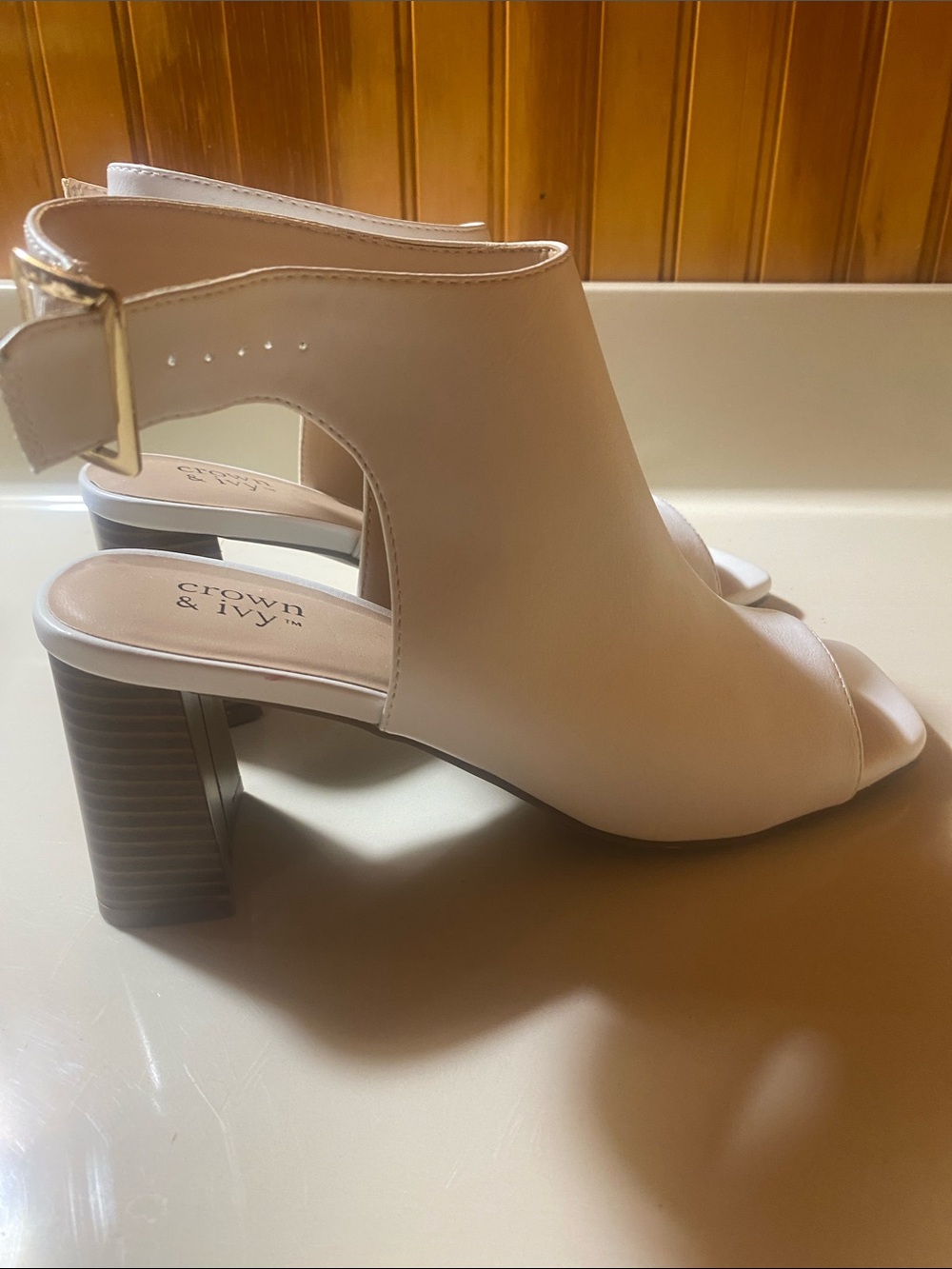 crown & ivy White Open-Toe Ankle Bootie Heels with Gold Buckle
